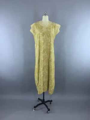 1960s Vintage Embroidered Yellow Green Floral Print Caftan Dress