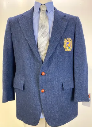 1980s Vintage Wool Herringbone Navy Men's Blazer, Polo Ralph Lauren Pocket Crest, C42S