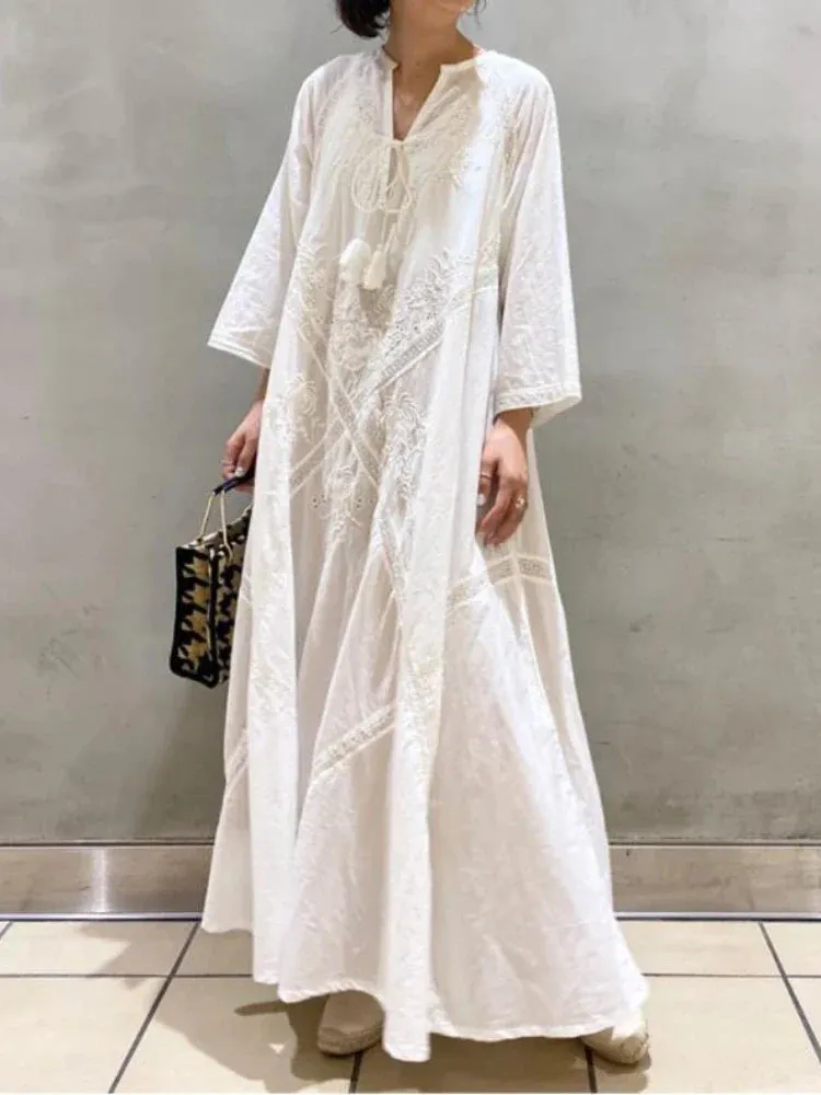 2024 Elegant Embroidered White Lace V-Neck Boho Dress