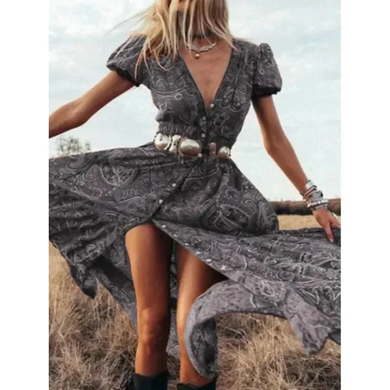 2024 Floral Print Chiffon Three Quarter Sleeve V-neck Boho Long Dress