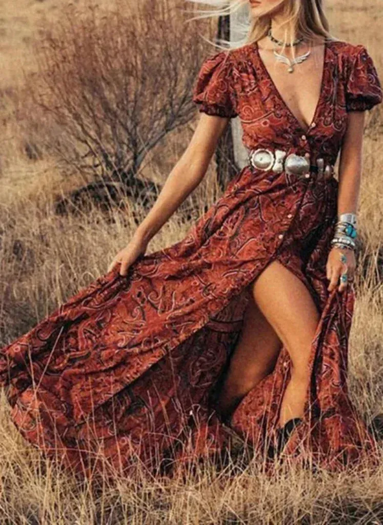 2024 Floral Print Chiffon Three Quarter Sleeve V-neck Boho Long Dress