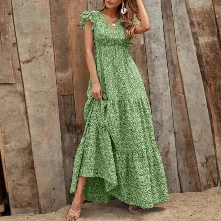 2024 V Neck Bohemian Patchwork Ruffles Maxi Dress Boho Dress