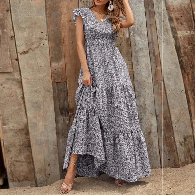 2024 V Neck Bohemian Patchwork Ruffles Maxi Dress Boho Dress