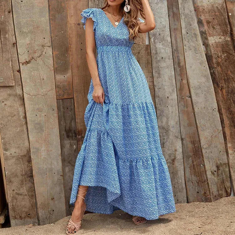 2024 V Neck Bohemian Patchwork Ruffles Maxi Dress Boho Dress