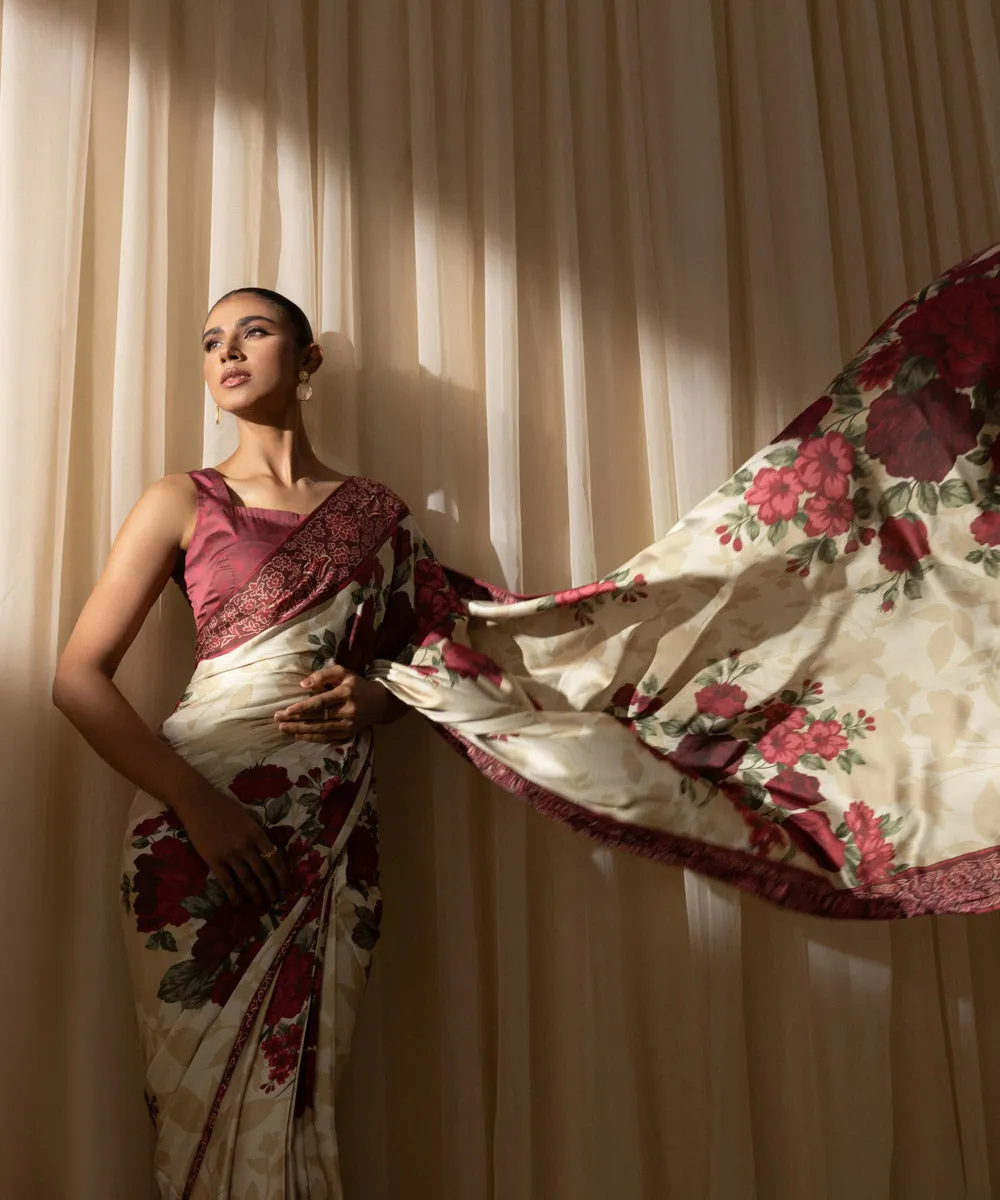 3 Piece -  Printed Satin Saree