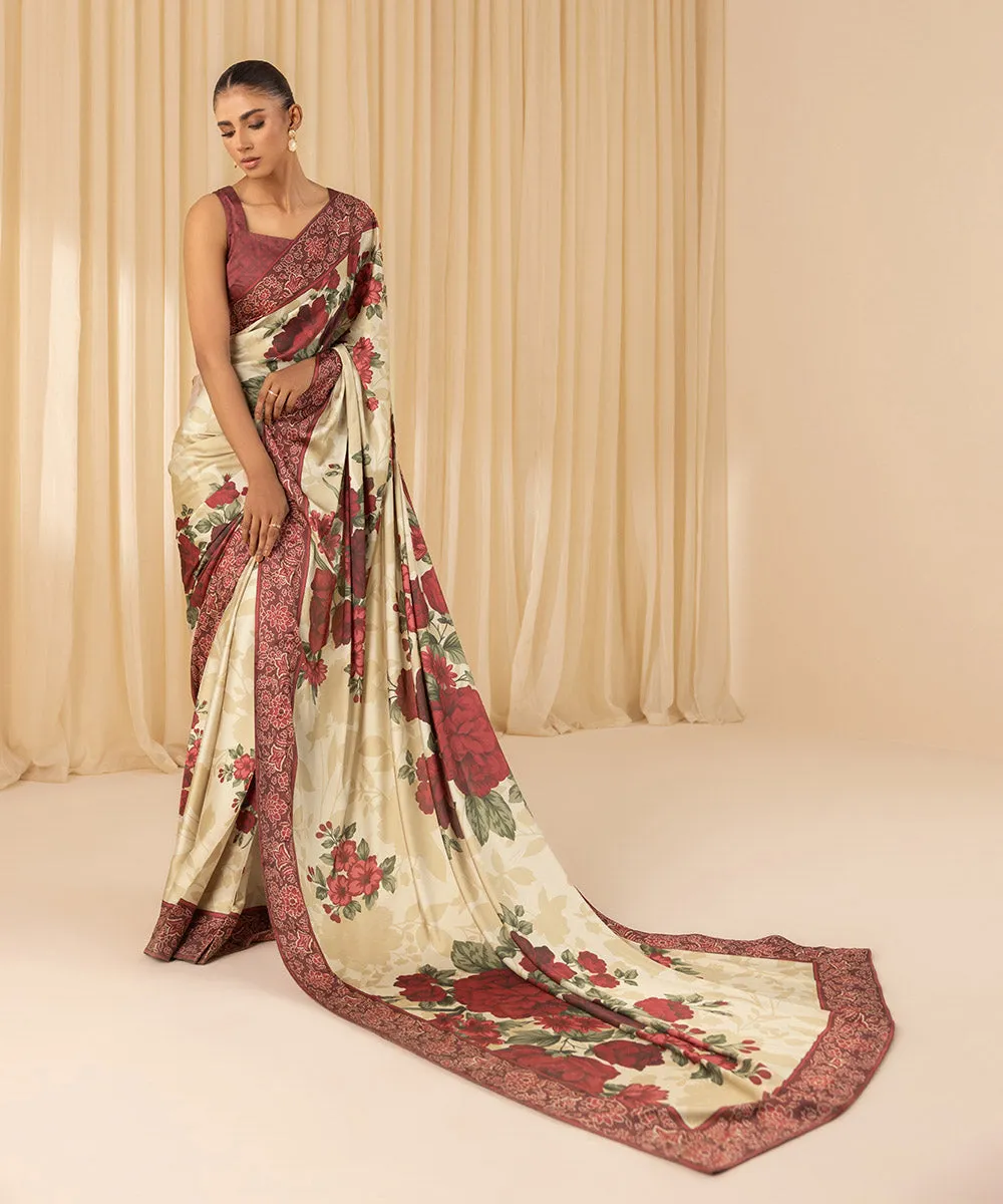 3 Piece -  Printed Satin Saree