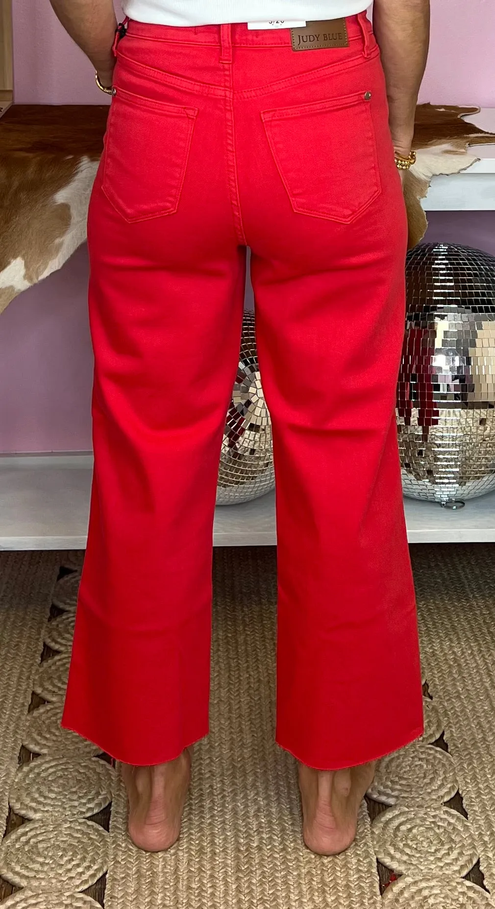 A Glimpse Of You Judy Blue Red High Waist Crop Wide Leg Tummy Control Jeans 24" Inseam