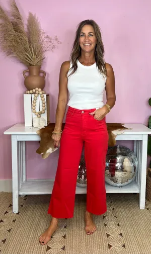 A Glimpse Of You Judy Blue Red High Waist Crop Wide Leg Tummy Control Jeans 24" Inseam