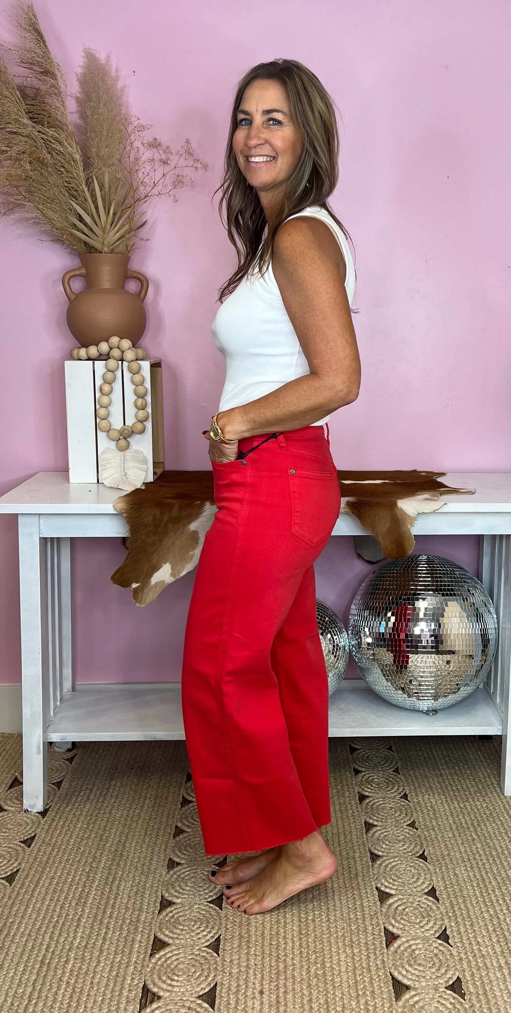 A Glimpse Of You Judy Blue Red High Waist Crop Wide Leg Tummy Control Jeans 24" Inseam