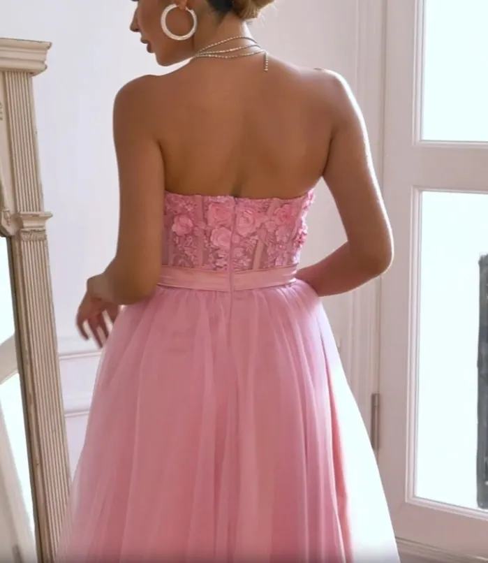 A Line Tulle Strapless Pink Prom Dress with Appliques