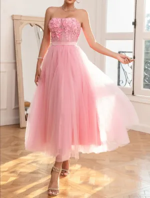 A Line Tulle Strapless Pink Prom Dress with Appliques