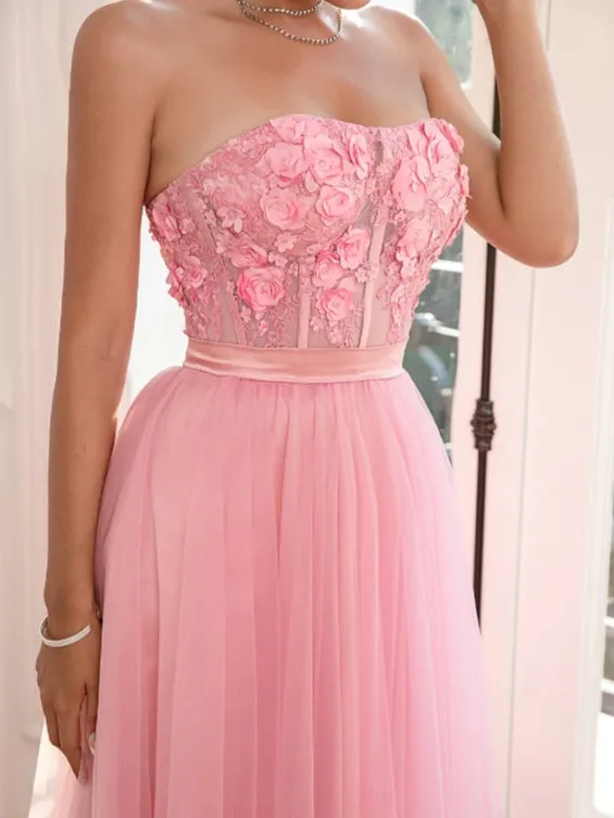 A Line Tulle Strapless Pink Prom Dress with Appliques