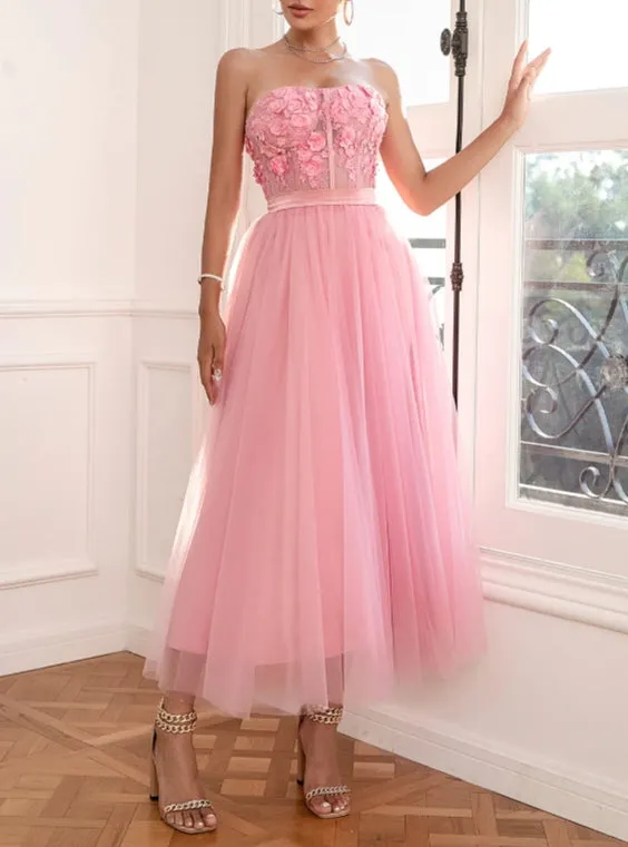 A Line Tulle Strapless Pink Prom Dress with Appliques