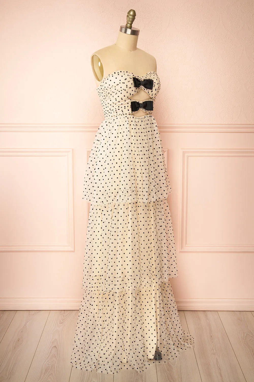 Abbie | Cream Tulle Maxi Dress w/ Polka Dots