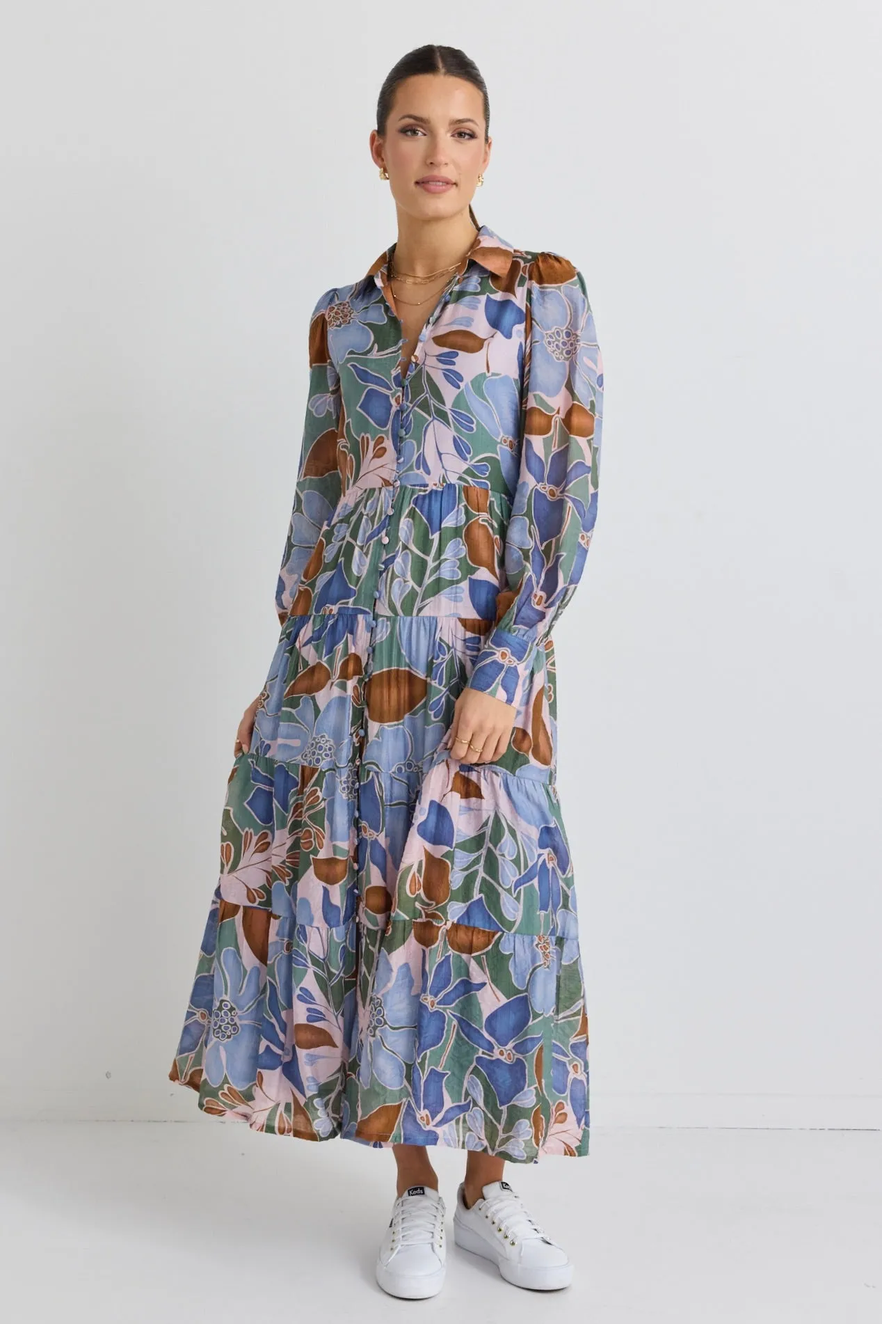 Adair Khaki Floral Long Sleeve Tiered Shirt Style Maxi Dress