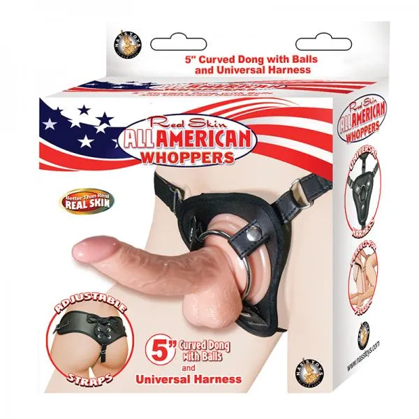 All American Whoppers 5 inches Curved Dong Balls Beige & Universal Harness