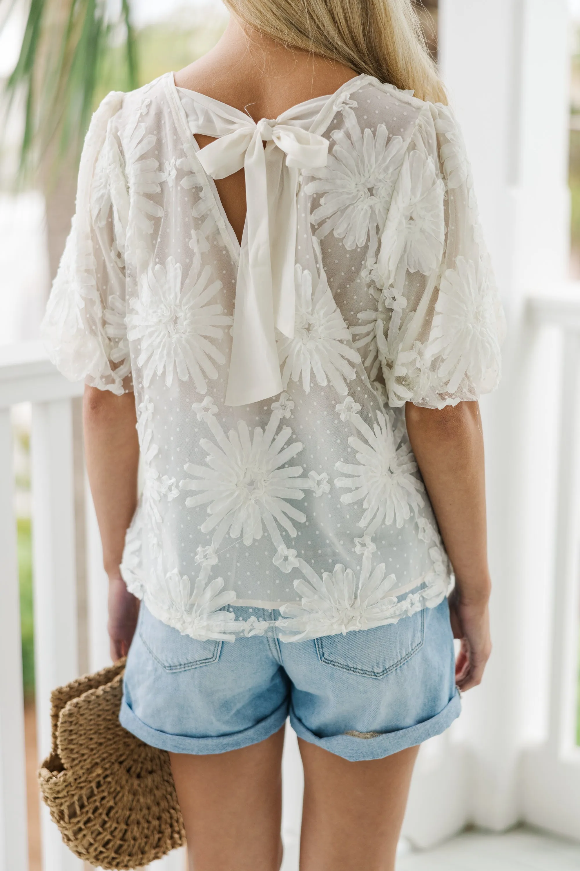 All In Favor Cream White Textured Floral Blouse