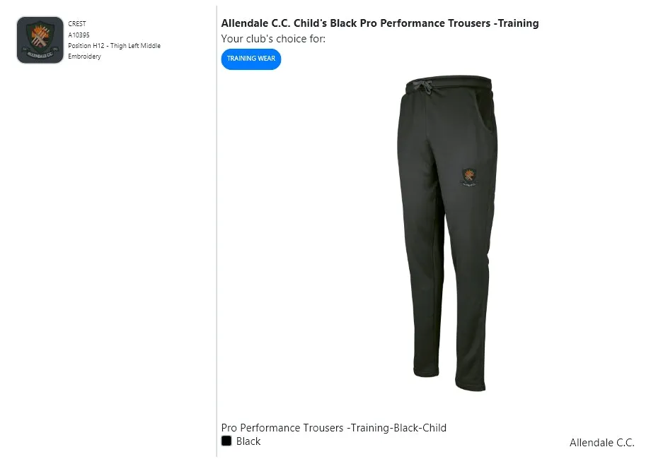 Allendale C.C. Child's Black Pro Performance Trousers -Training