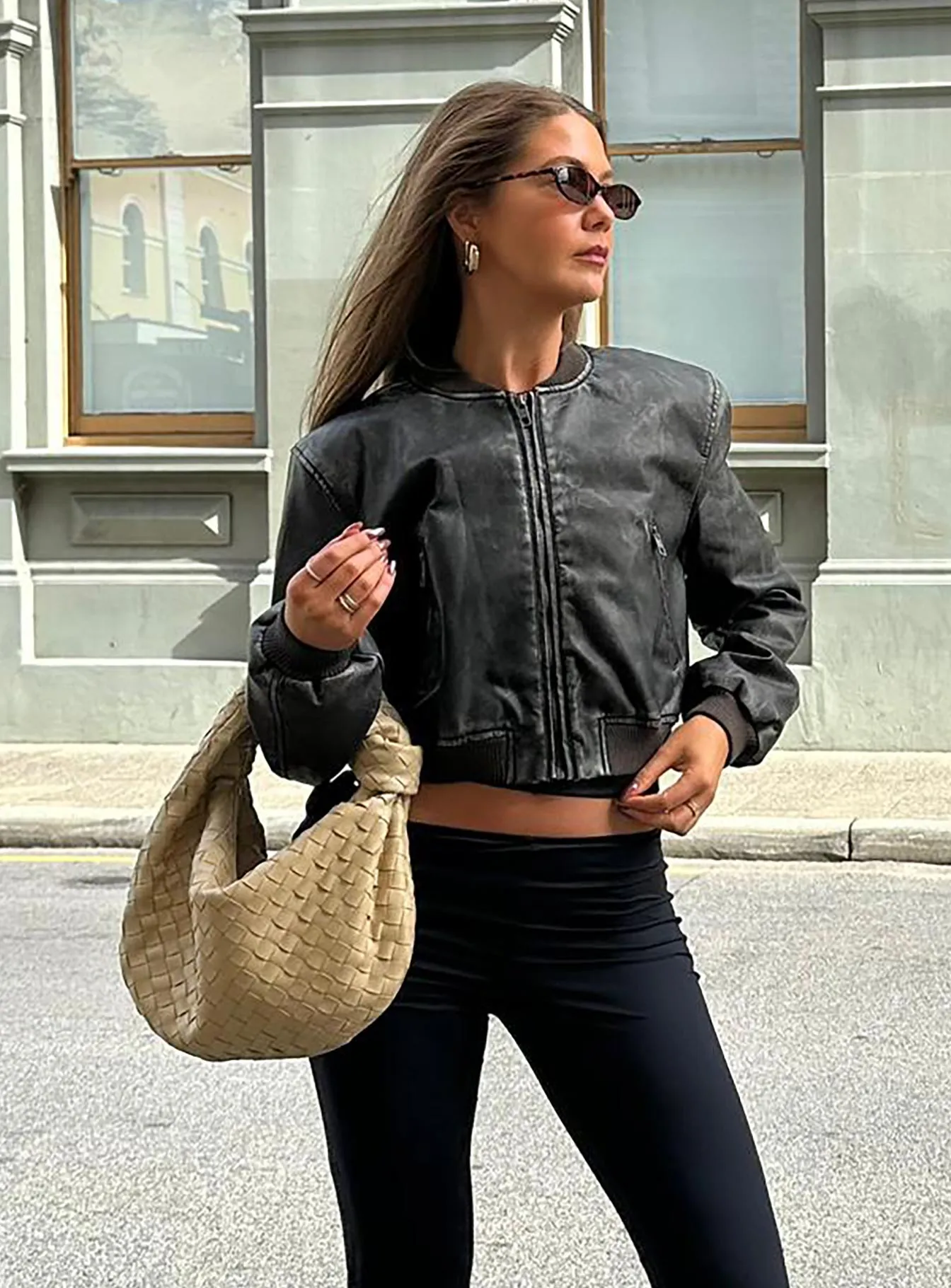 Allure Faux Leather Bomber Jacket Charcoal