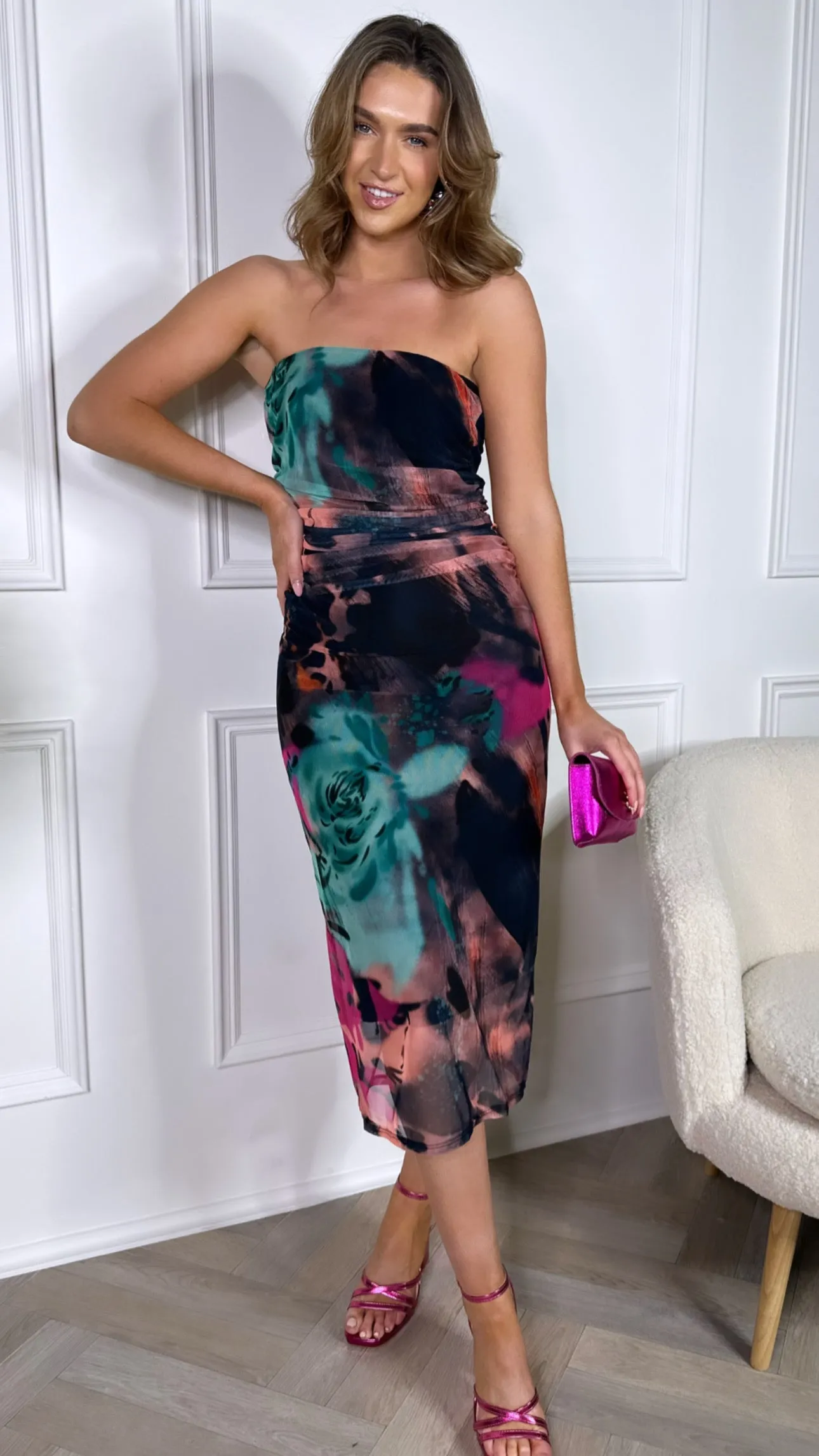 Arya Black Multi Coloured Strapless Midi Dress