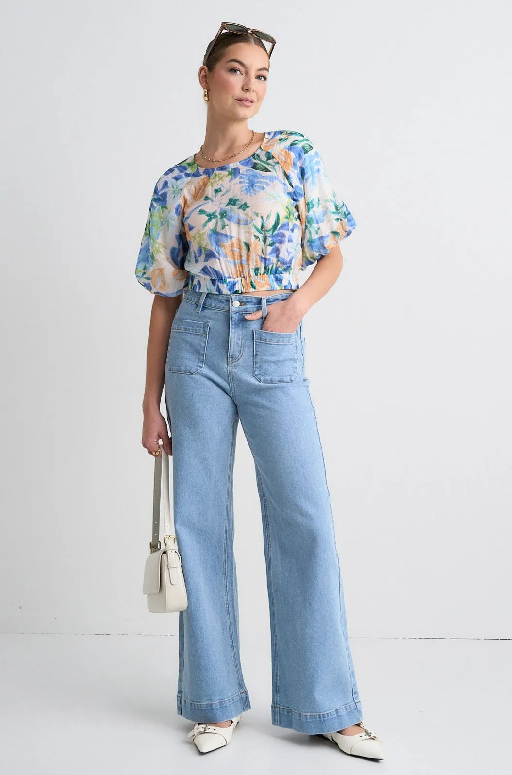 Ayres Blue Orange Tropical Floral Crew Neck SS Top