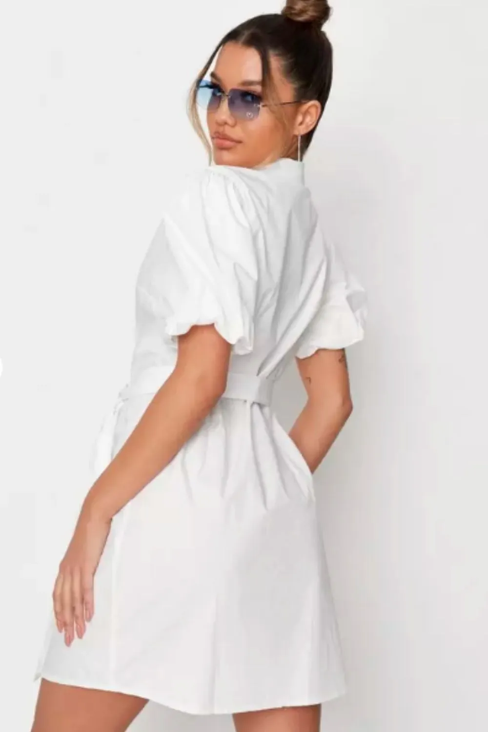 Balloon Sleeve Tie Waist Shirt Dress