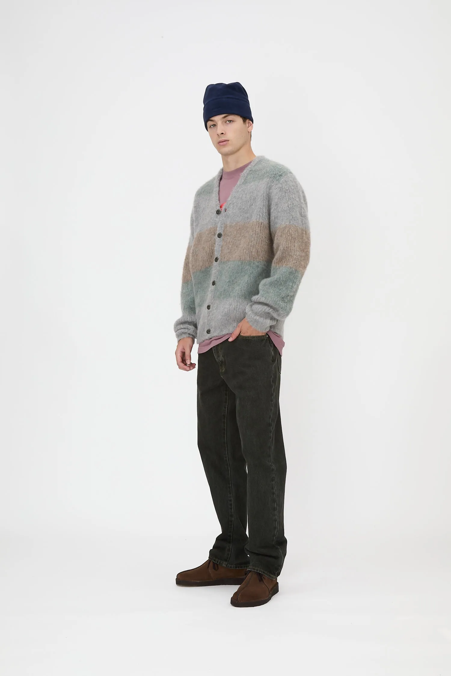 Band Neck Cardigan - Sage Stripe