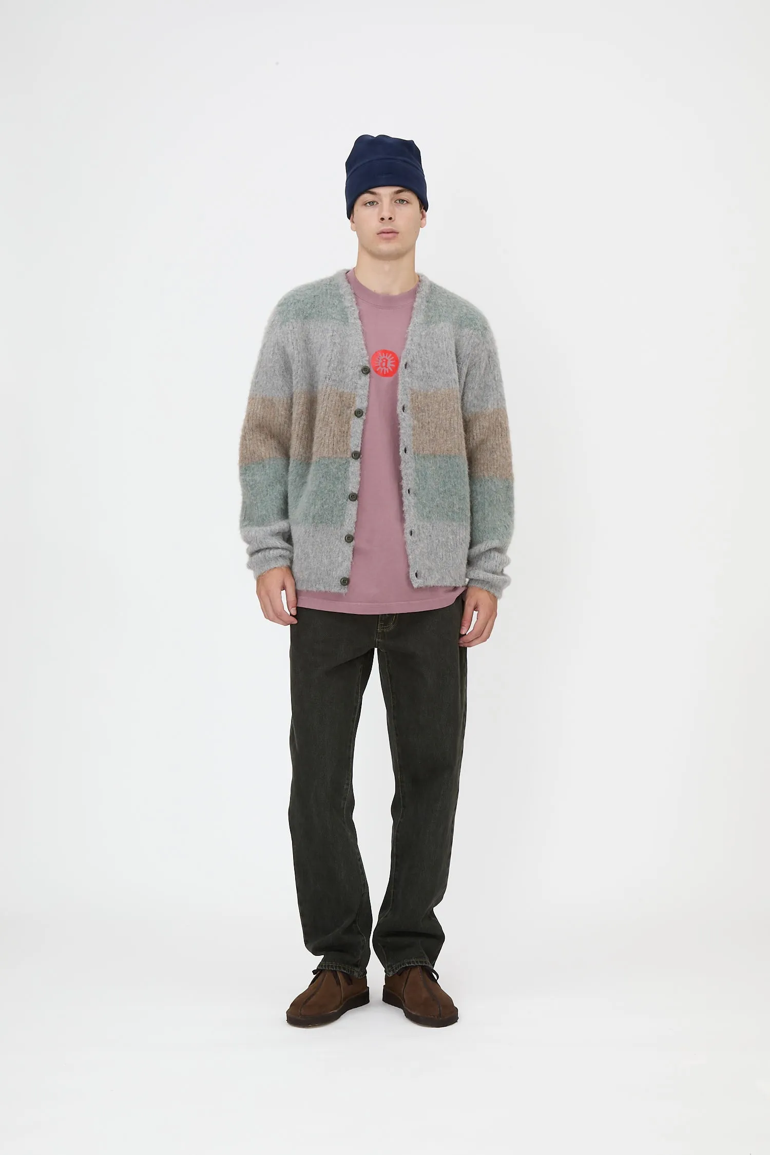 Band Neck Cardigan - Sage Stripe