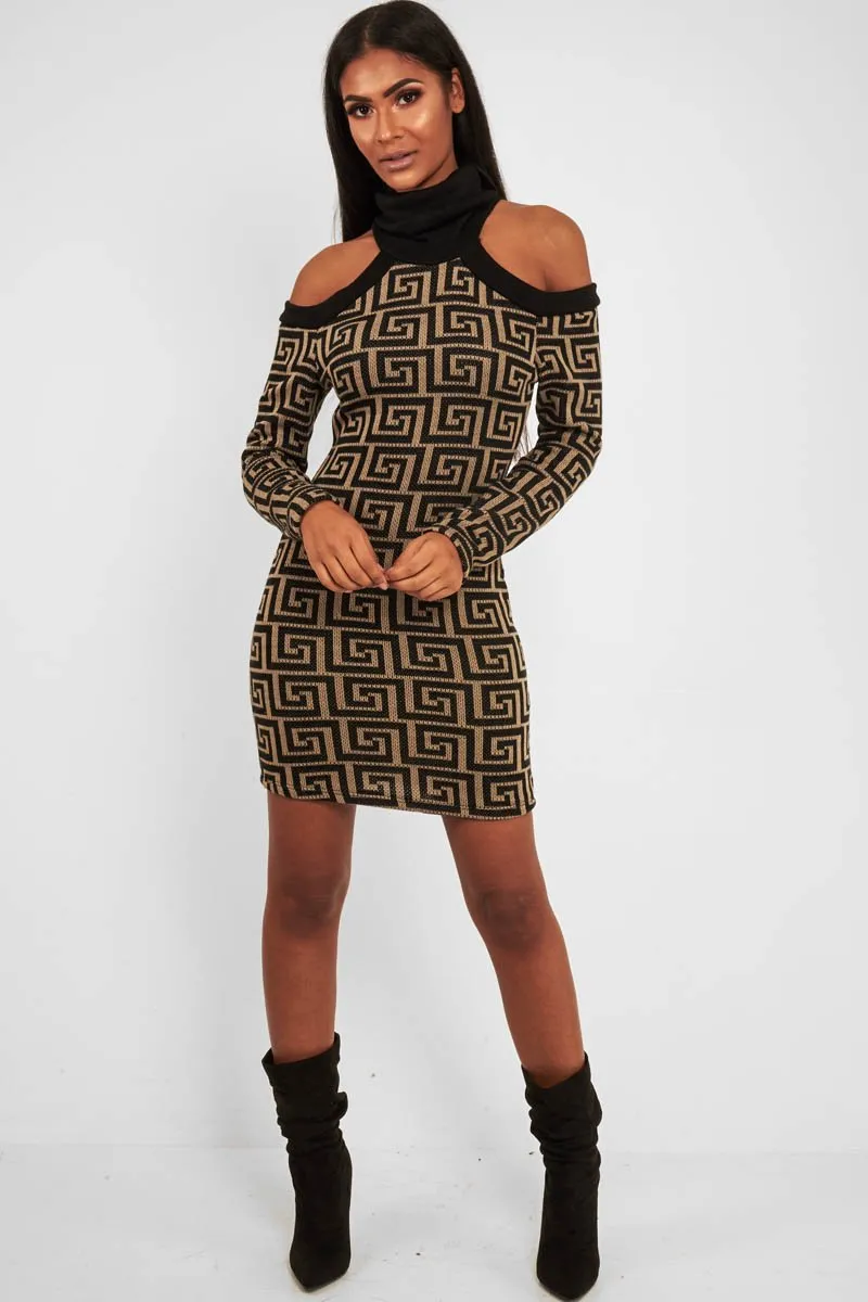 Beige Black Repeat Pattern Cold Shoulder Dress - Donya