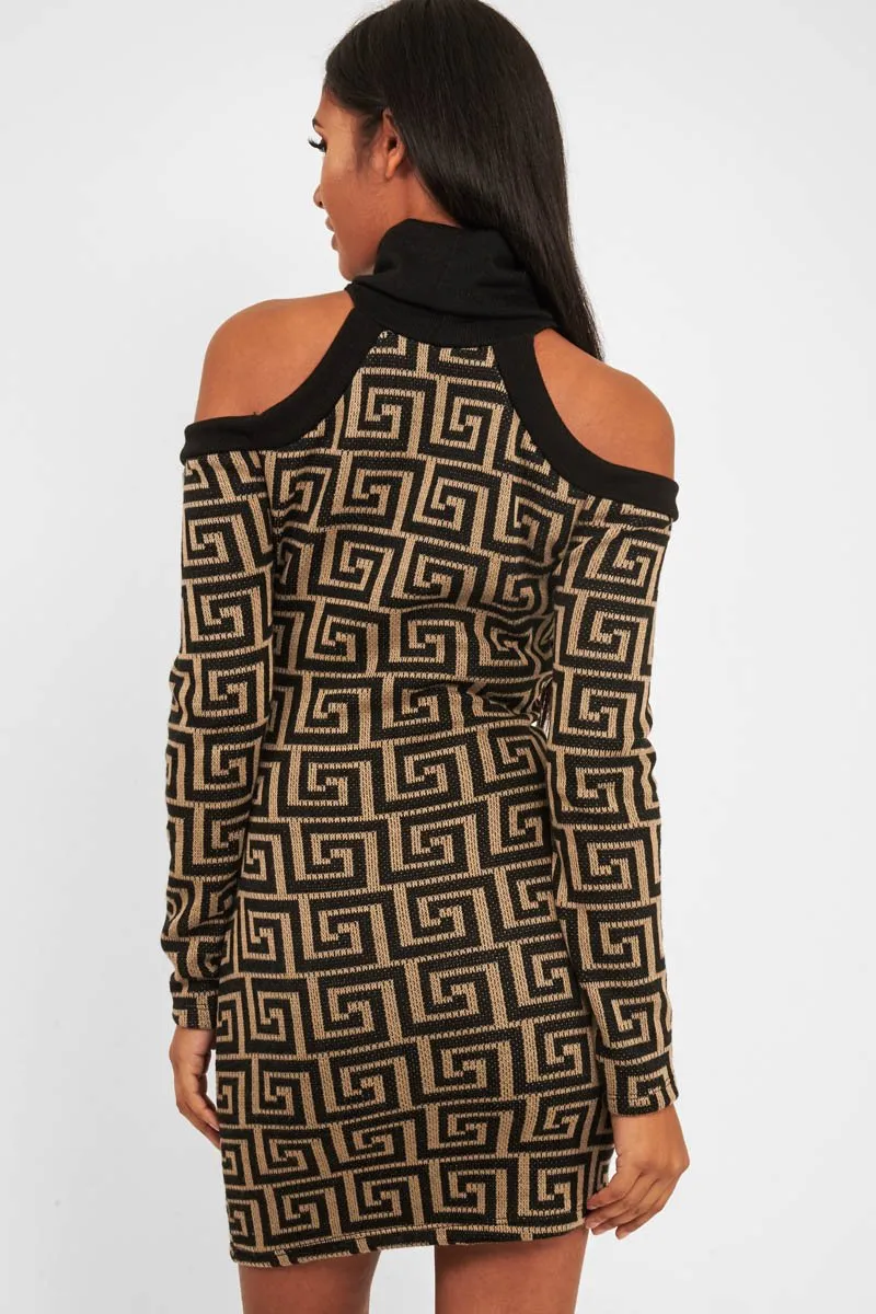 Beige Black Repeat Pattern Cold Shoulder Dress - Donya