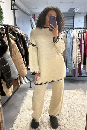 Beige Contrast Stitch Knitted Co-ord Set - Storm