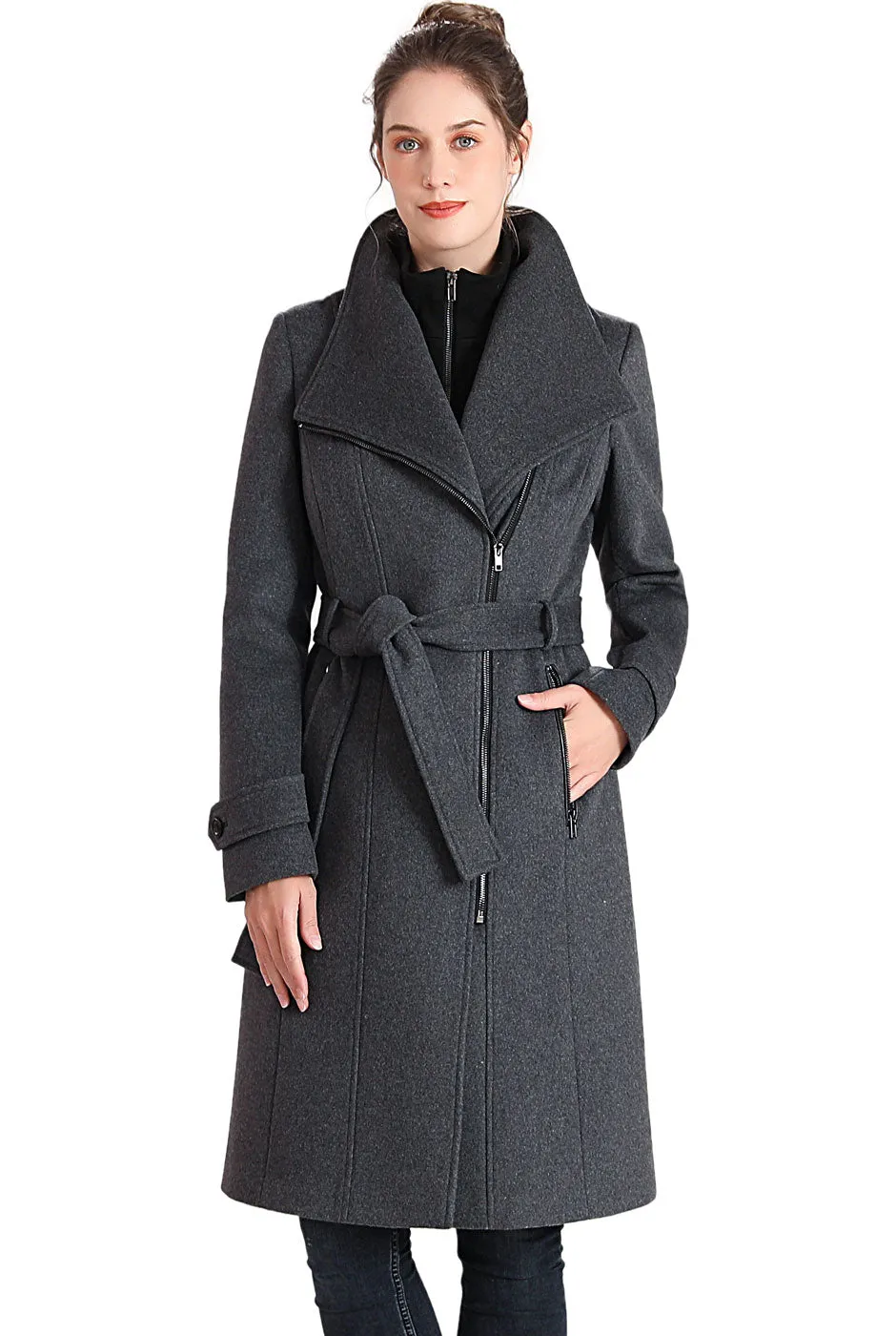 BGSD Women Mel Wool Belted Wrap Trench Coat with Removable Bib