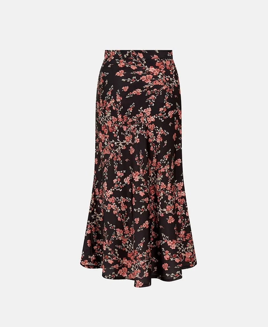 Black Floral Satin Midi Skirt