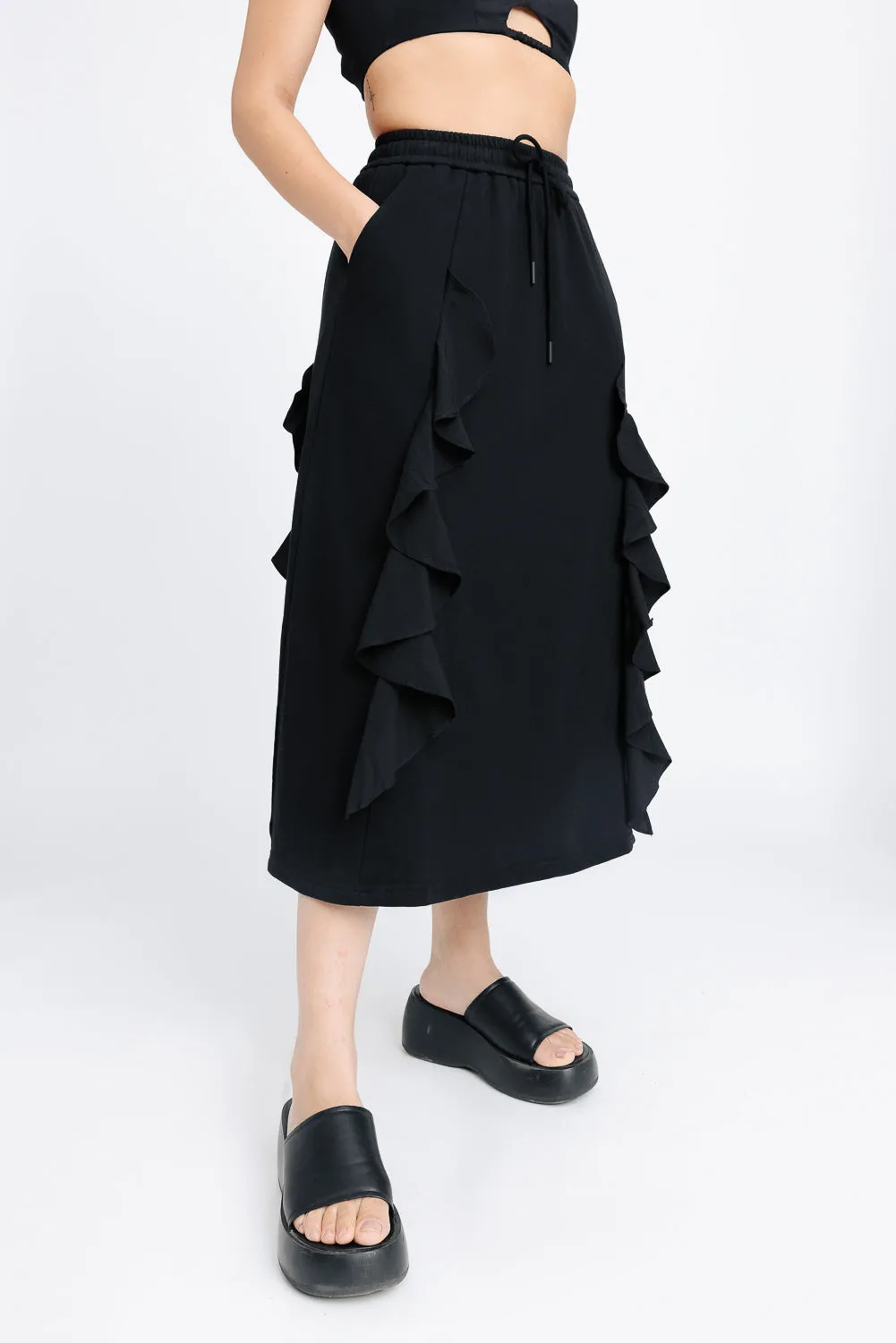 Black Ruffled A-line Midi Skirt