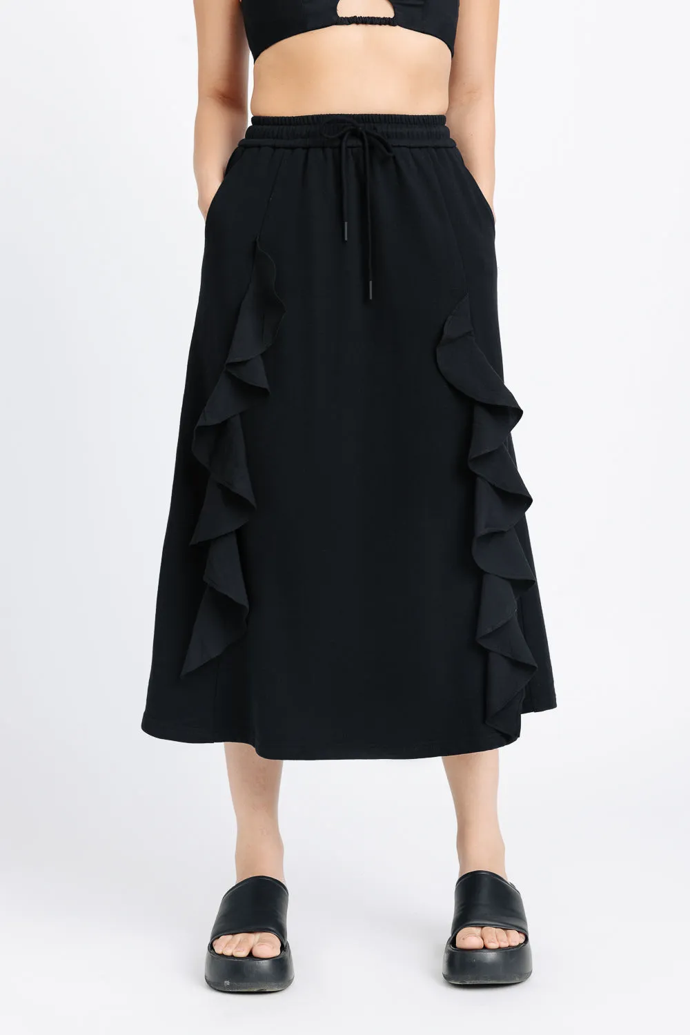 Black Ruffled A-line Midi Skirt