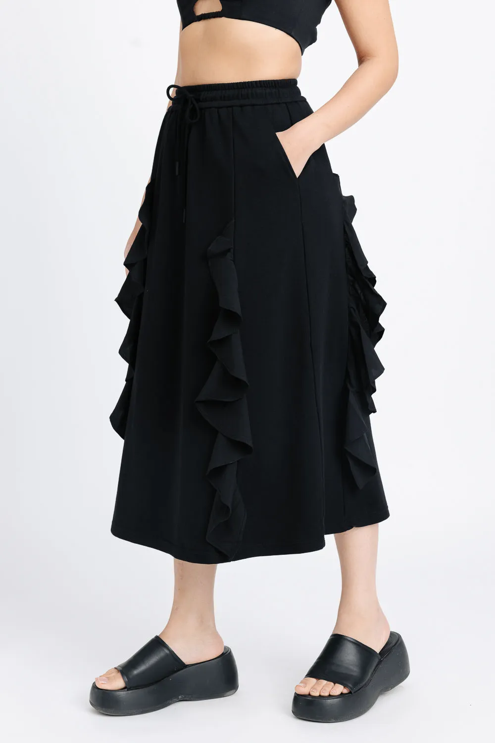 Black Ruffled A-line Midi Skirt