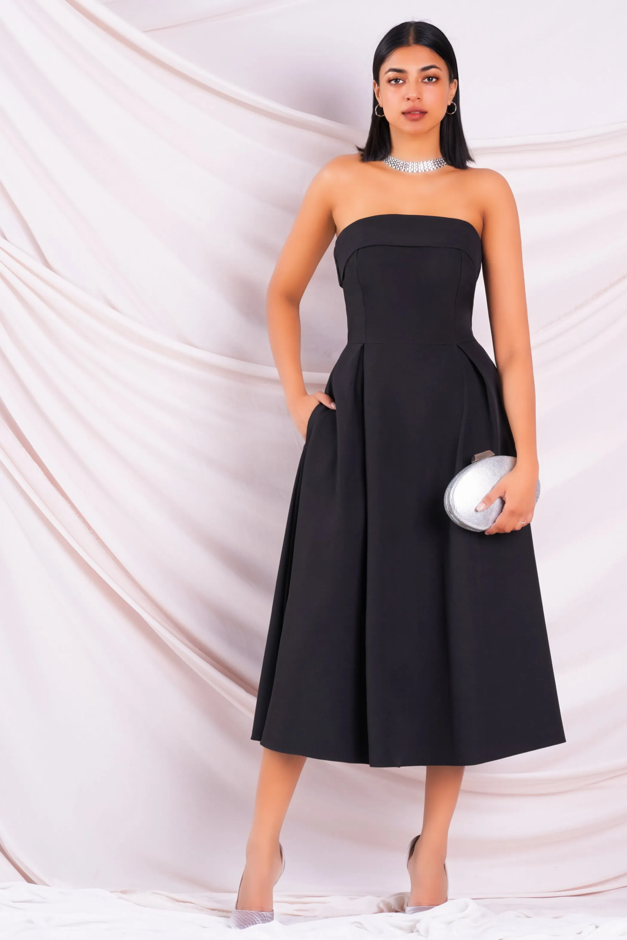 Black Strapless Midi Dress