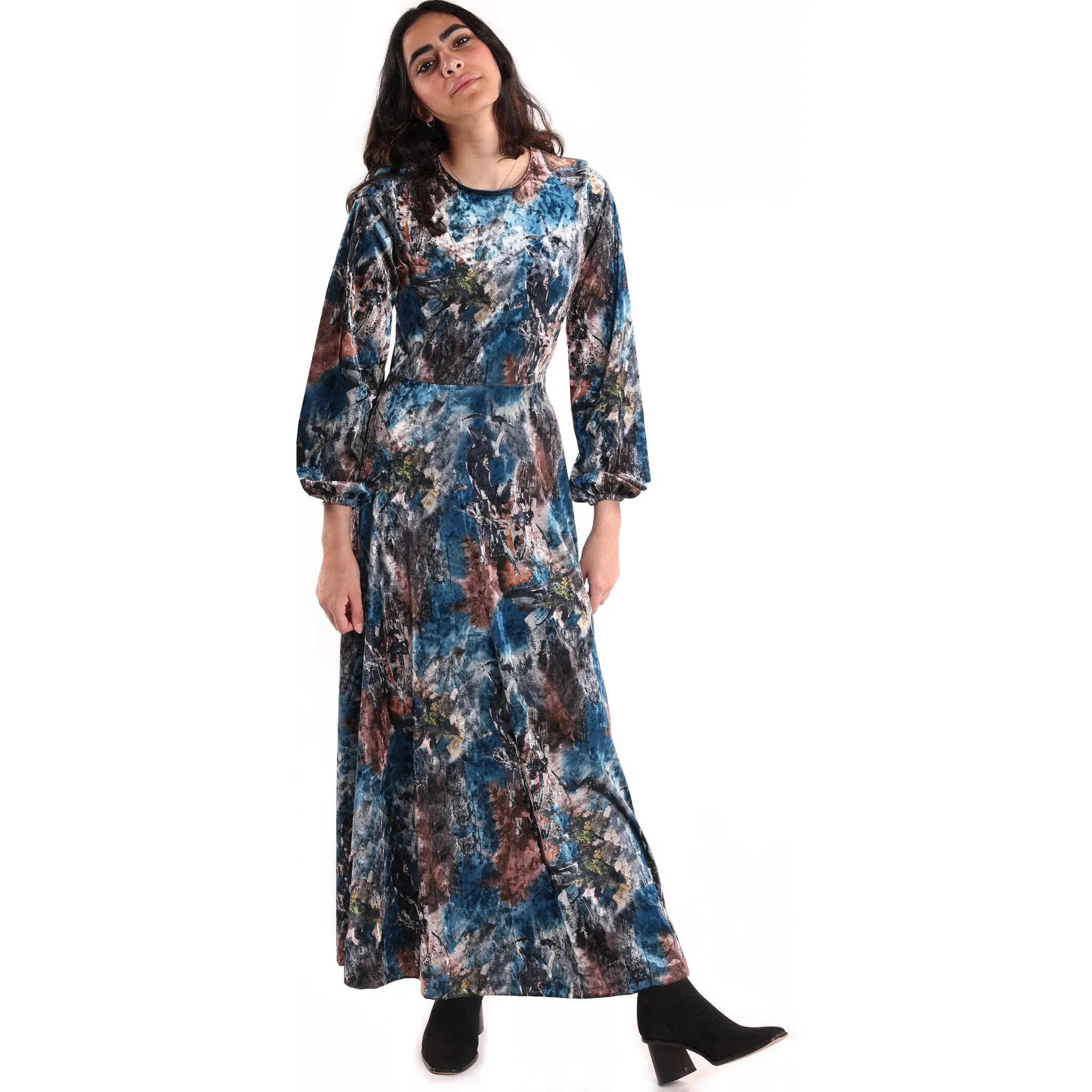 Blue Abstract Velvet Maxi Dress