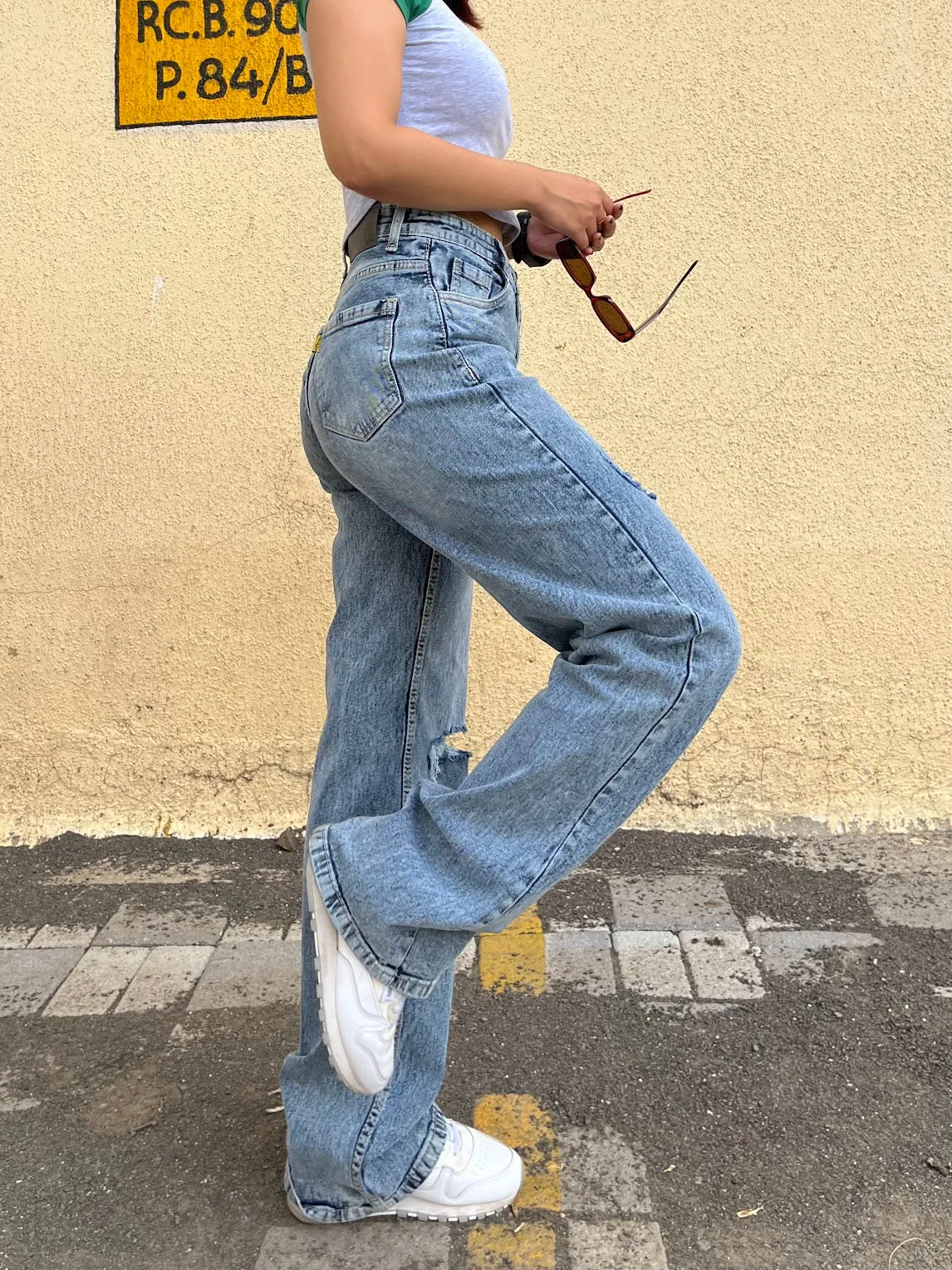 Blue Basic Ripped Straight Leg High Rise Jeans