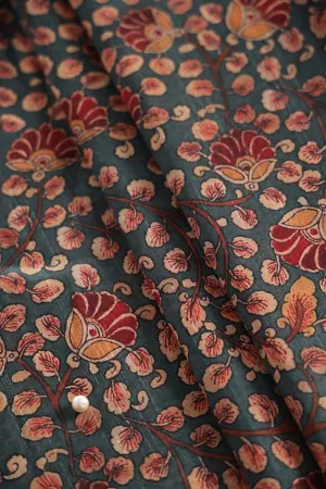 Bottle Green And Red Floral Pattern Digital Print On Mulberry Silk Fabric