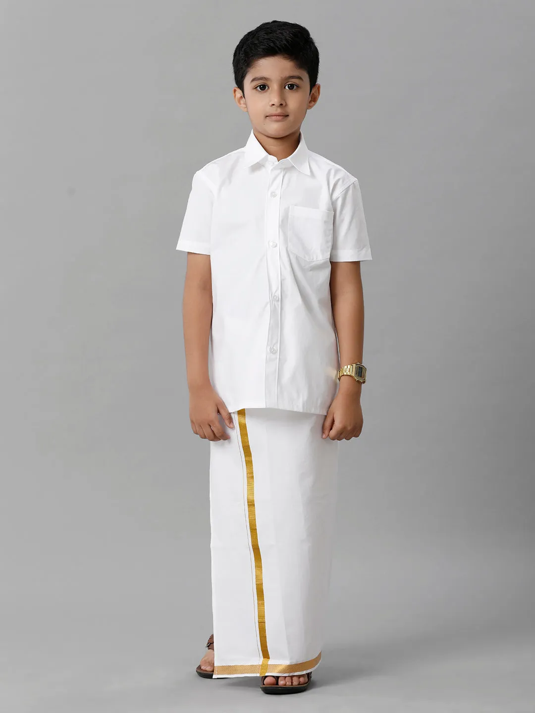 Boys Cotton Shirt with Dhoti Set White Half