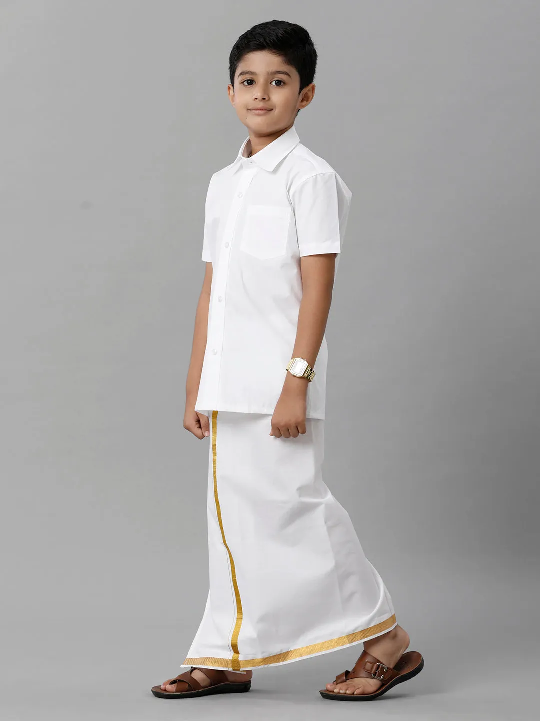 Boys Cotton Shirt with Dhoti Set White Half