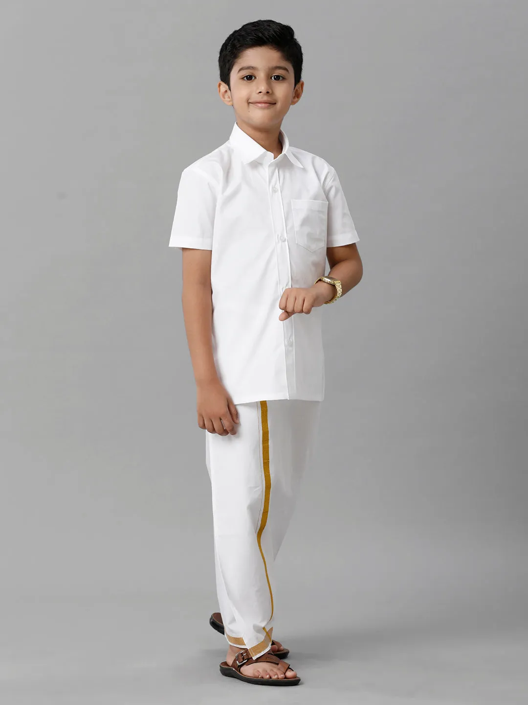 Boys Cotton Shirt with Dhoti Set White Half