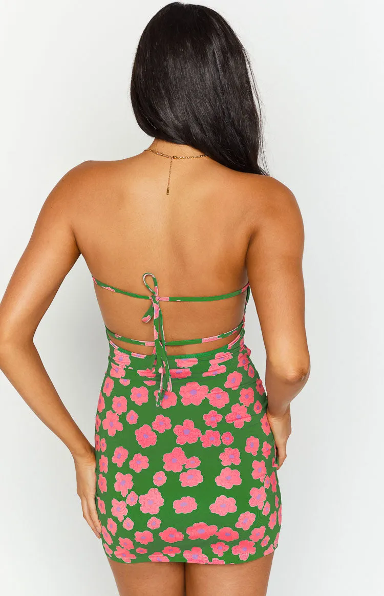 Chantria Green Floral Strapless Mini Dress