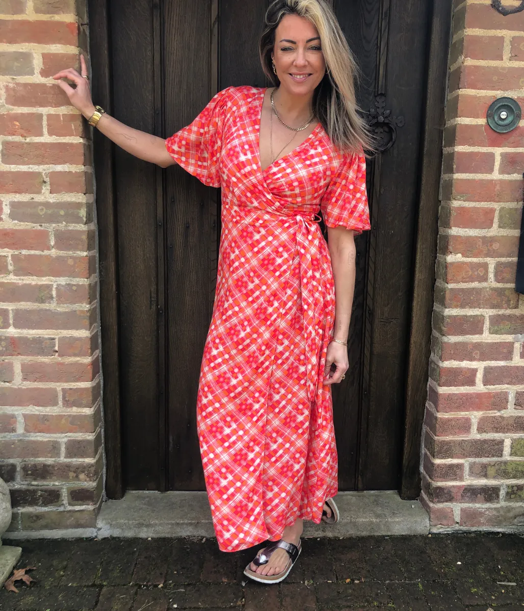 Check Printed Wrap Dress