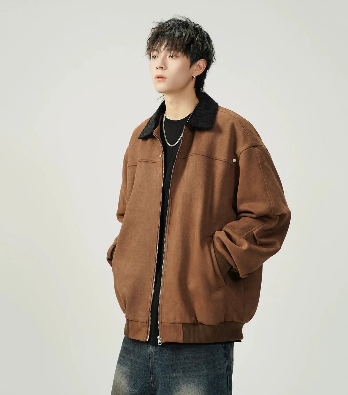 Contrast Collar Suede Panelled Bomber Jacket