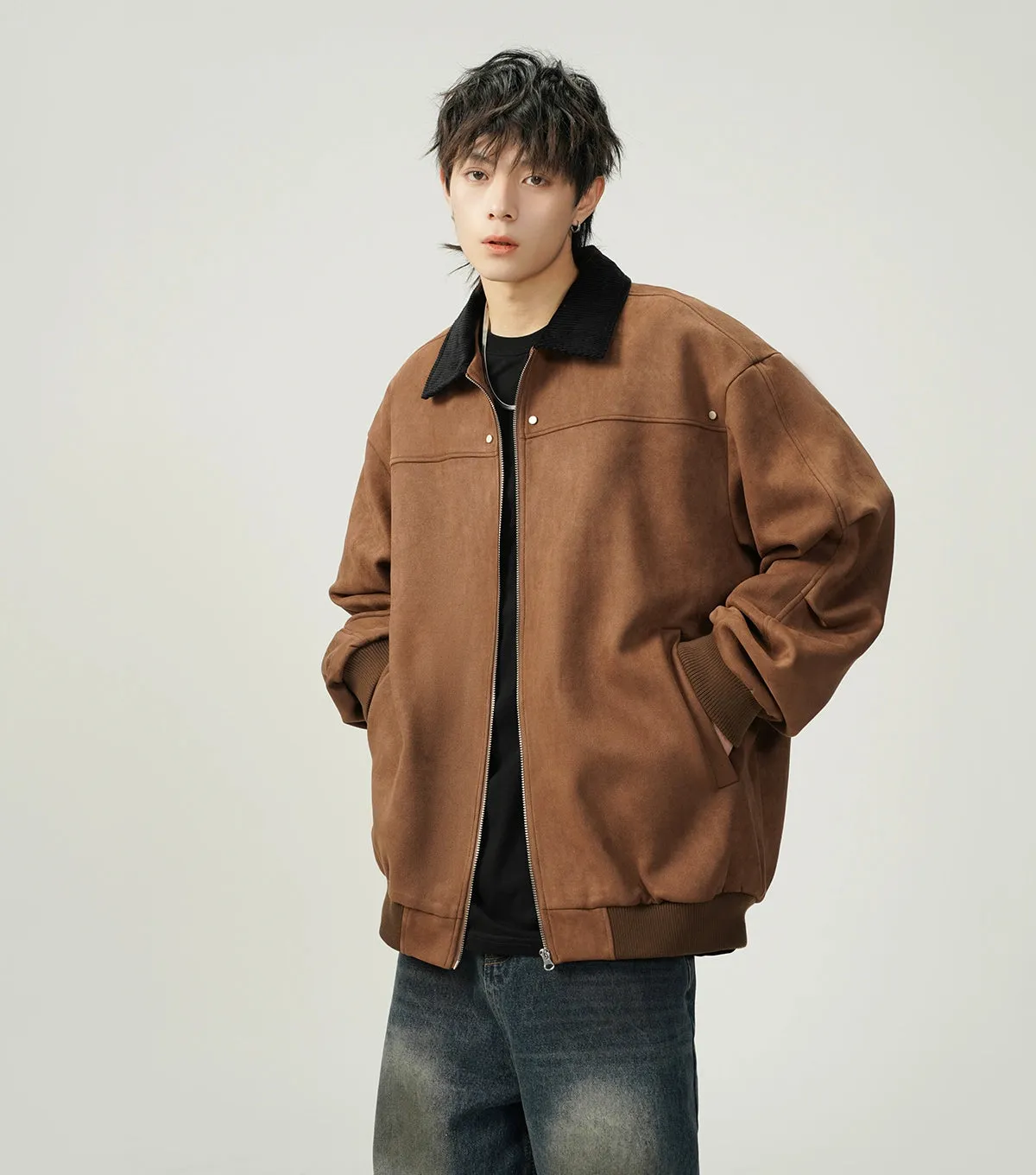 Contrast Collar Suede Panelled Bomber Jacket