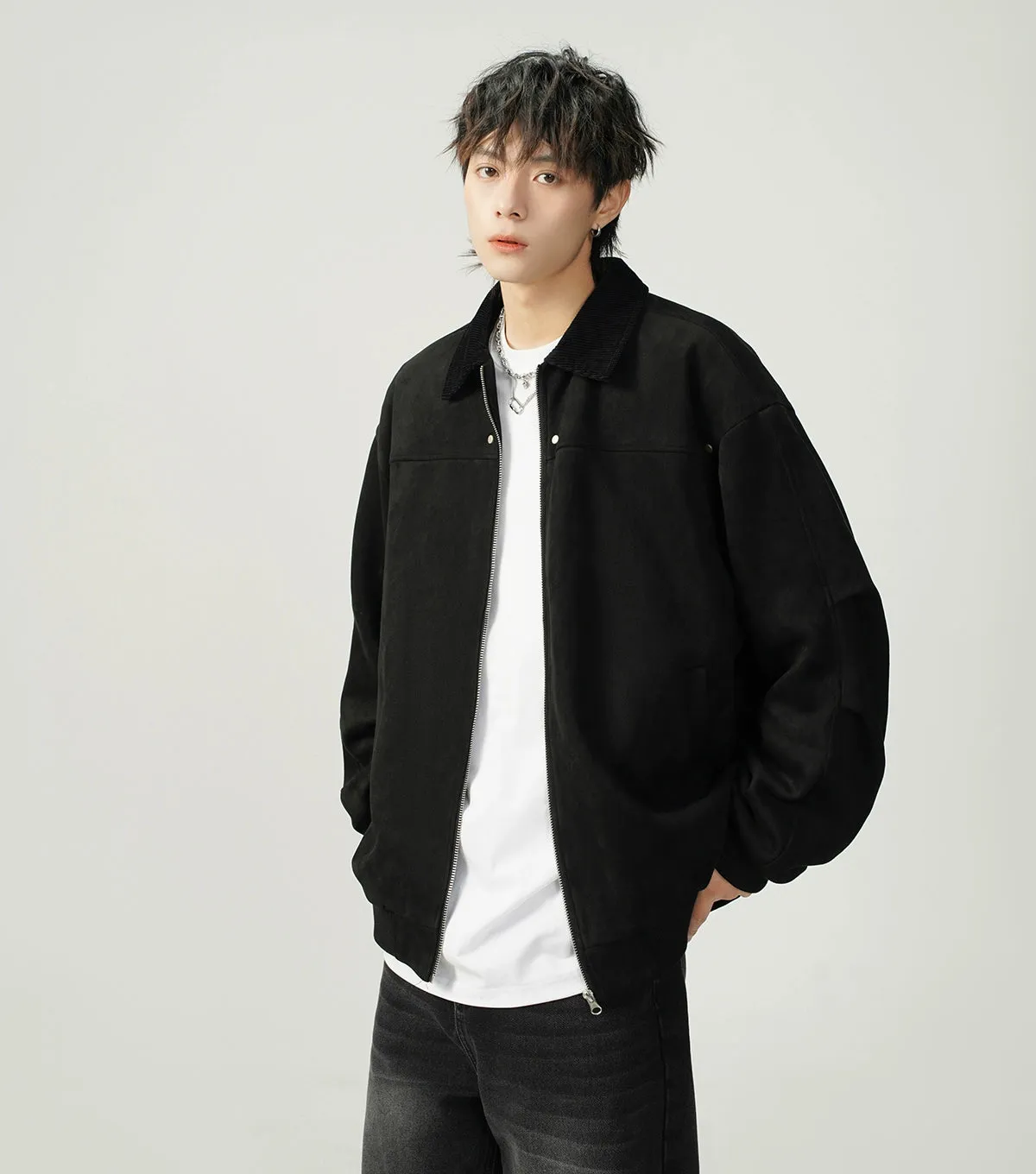 Contrast Collar Suede Panelled Bomber Jacket