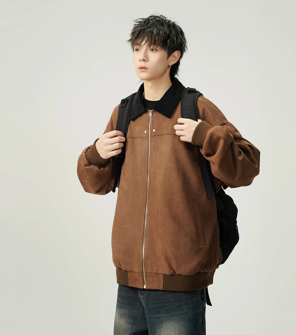 Contrast Collar Suede Panelled Bomber Jacket