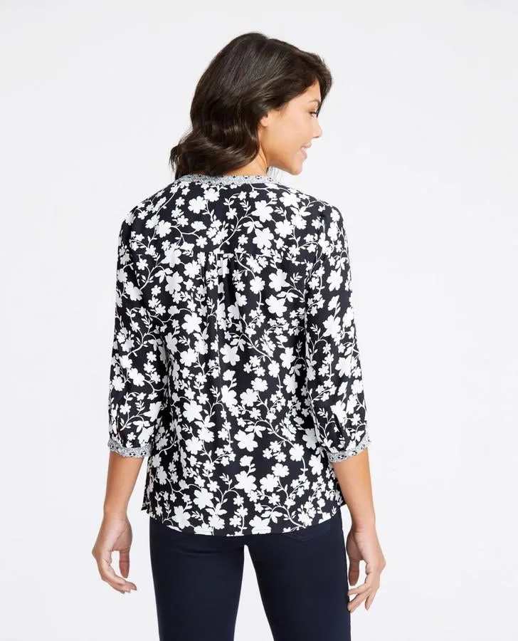 Contrast Trim Little Venice Print Blouse